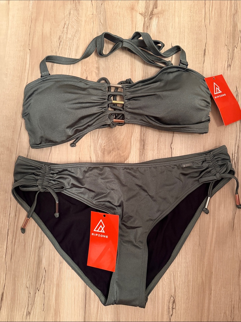 Ripzone Olive Green Lace-Up Bandeau Bikini Set